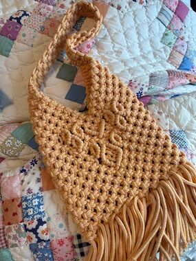 Handmade Crochet Fringe Shoulder Bag - Coral and Yellow